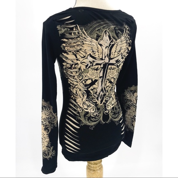 Rhinestone embellished cross w/ wings, long sleeve, slashed peekaboo back Harley - Picture 4 of 7